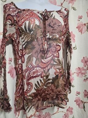 Lucky Brand Sheer Floral Tie-Neck Top in Mauve and Brown